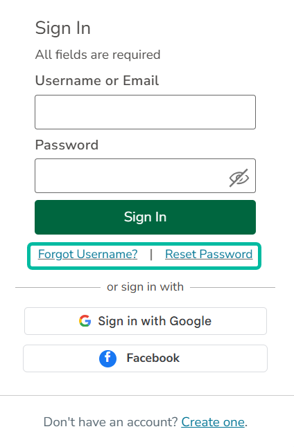 Image of Sign In form with Forgot Username and Reset Password links