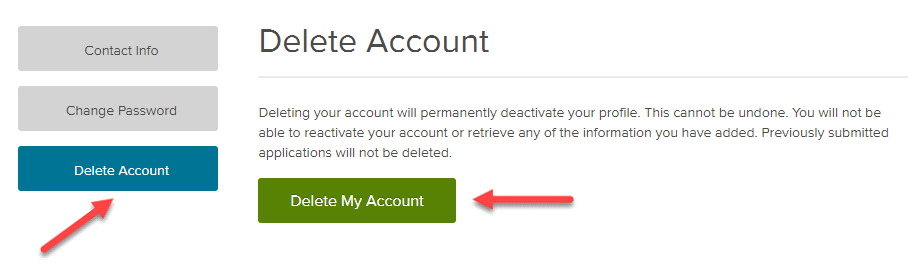 Image of delete my account section