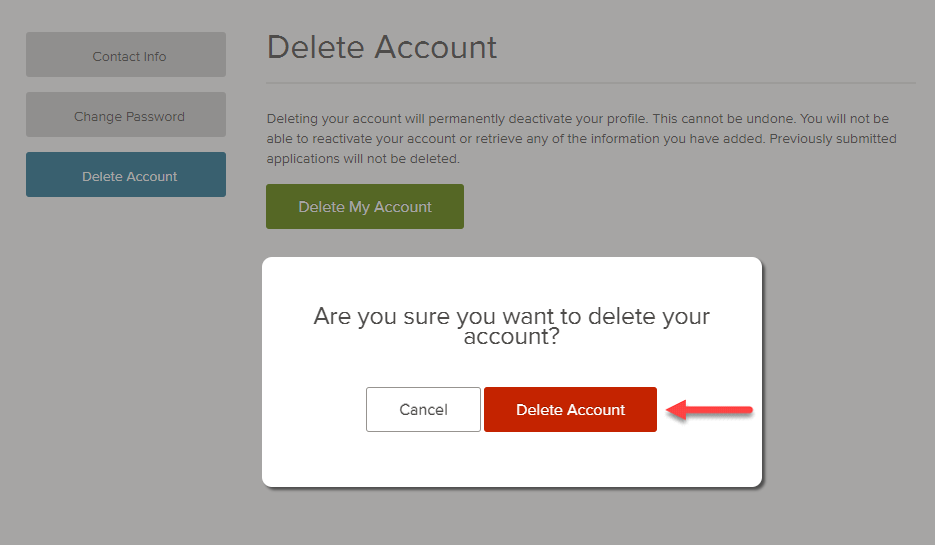 Image of delete my account confirmation window